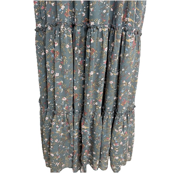 MikaRose Floral Tiered Maxi Dress Gray V-Neck Romantic Cottagecore Modest M - Picture 4 of 11